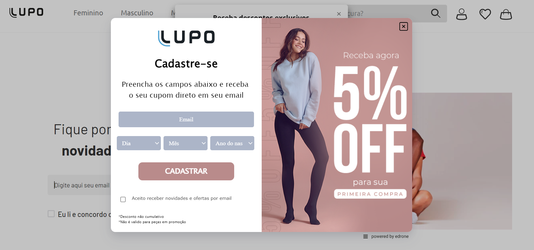 print screen do site da Lupo com pop-up para inscrição em lista de e-mails