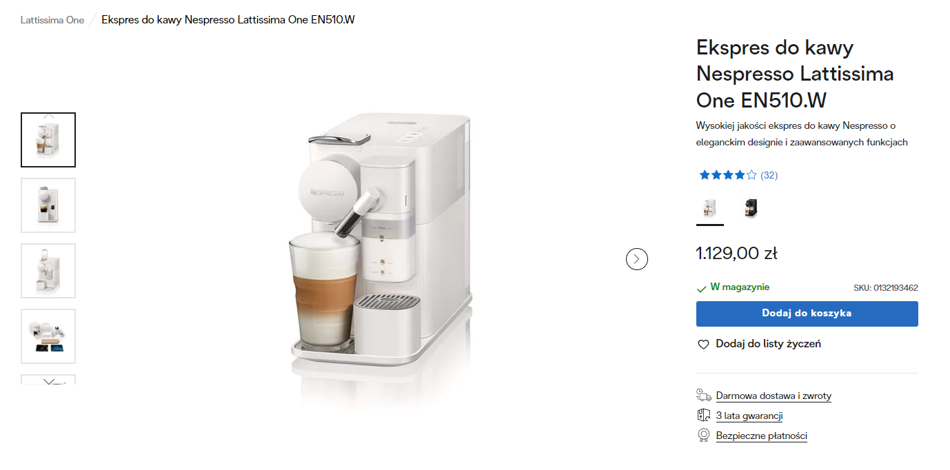 widok karty produktu ekspresu do kawy Nespresso Lattissima One w cenia 1.129.00 zł