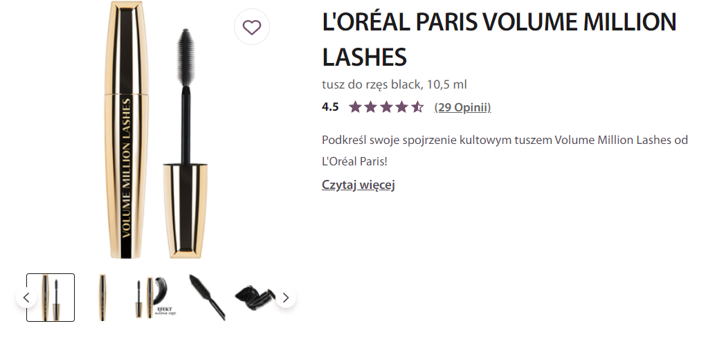 L'Oréal Paris Volume Million Lashes tusz do rzęs, 10,5 ml, kolor black, zapewniający efekt pogrubienia i objętości, dostępny w złoto-czarnym opakowaniu