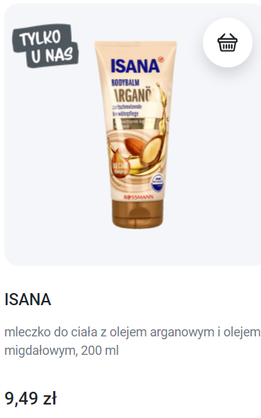 „Balsam do ciała Isana z olejem arganowym i olejem migdałowym, 200 ml. Opakowanie produktu to beżowa tubka ze złotą zakrętką, z ilustracjami migdałów i orzechów arganowych.”