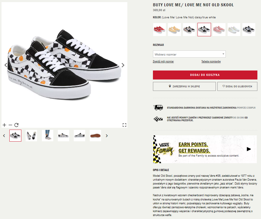 Karta produktu z butami Vans Old Skool 'Love Me / Love Me Not' kwiatowym wzorem checkerboard, dostępne w cenie 369 zł