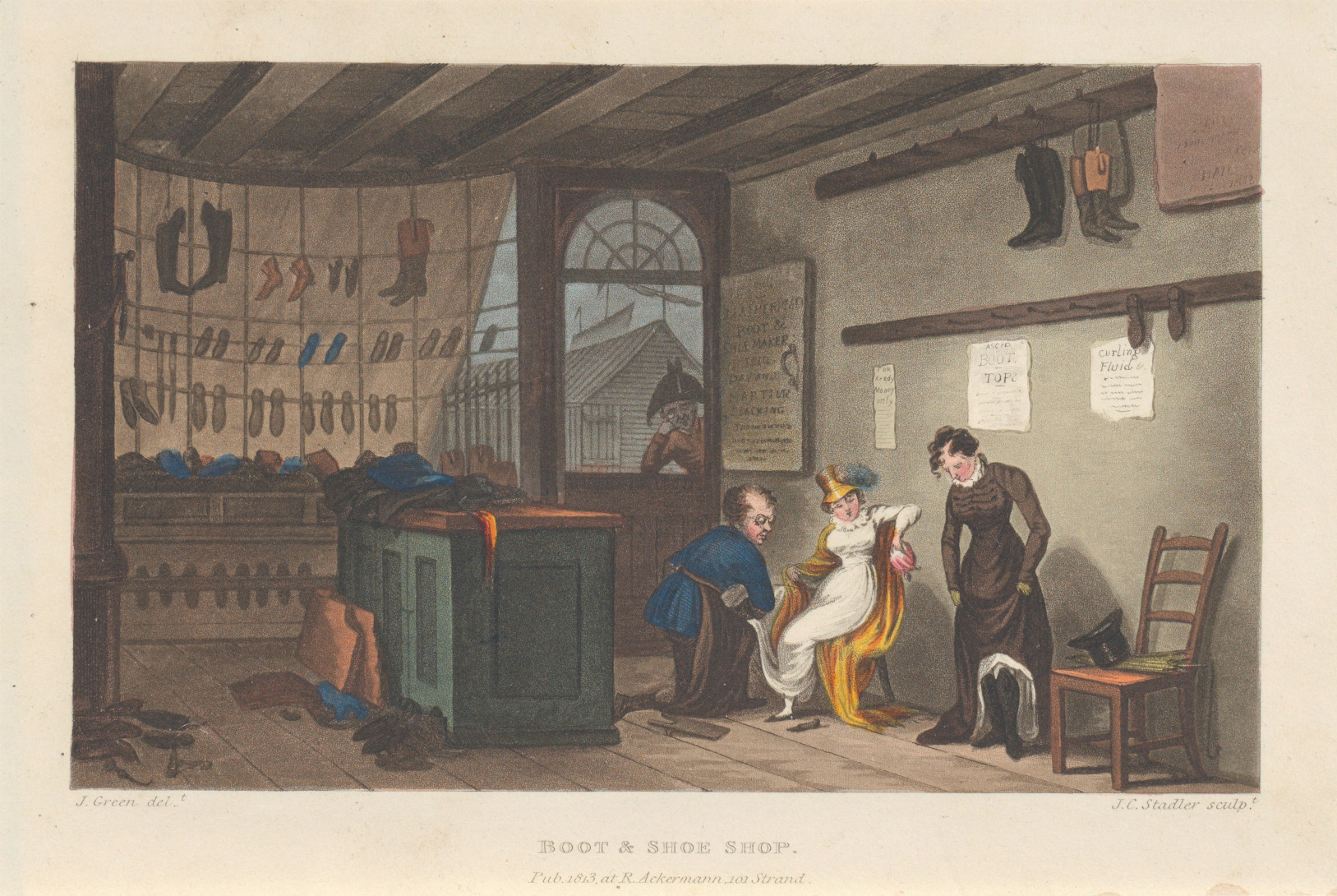 “Boot & Shoe Shop", de "Poetical Sketches of Scarborough”, por Thomas Rowlandson (1813)
