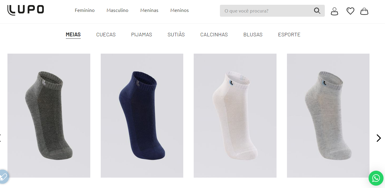 O site da Lupo é dividido em categorias claras, facilitando o processo de compras
