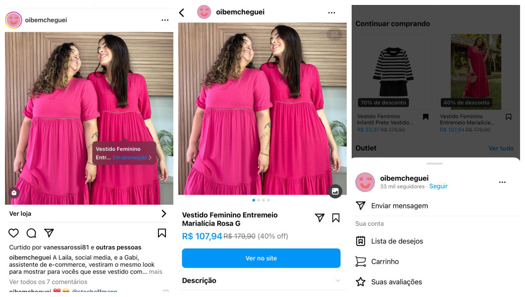 Print de telas com passo a passo do processo de social commerce no Instagram