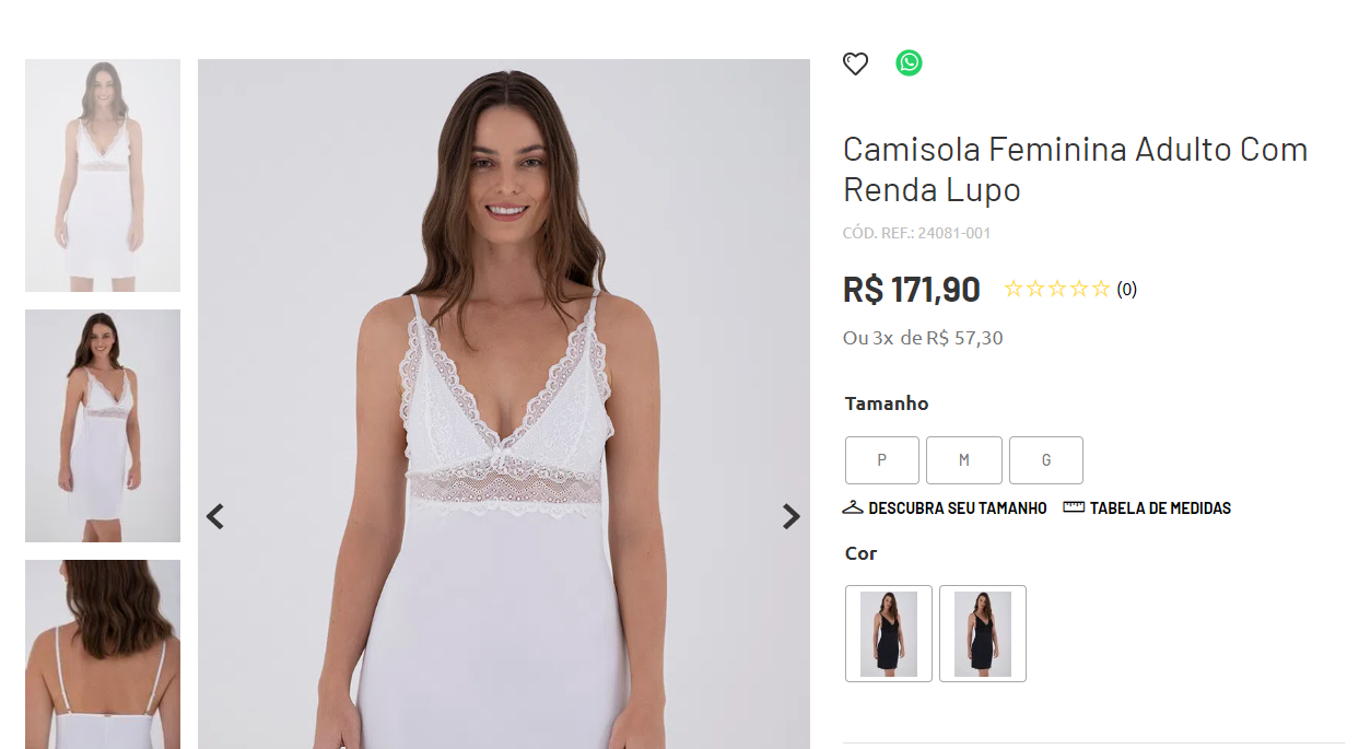 Página de produto do site da Lupo com descrição de camisola feminina