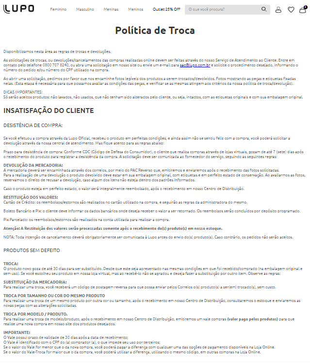 Exemplo de política de devolução completa no site da Lupo.