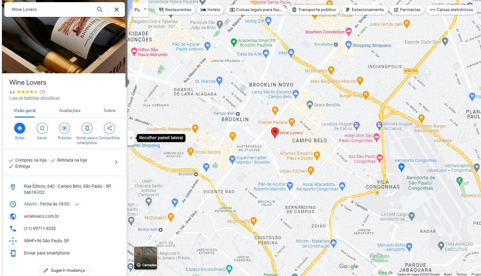 Perfil da empresa Wine Lovers no Google Maps