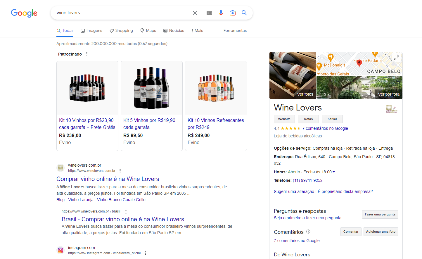 Perfil da empresa Wine Lovers na página de busca do Google