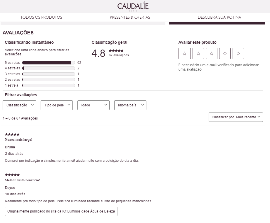 O site da Caudalie disponibiliza avaliações com estrelas e espaço para comentários, melhorando a autoridade digital do site perante os buscadores e consumidores.