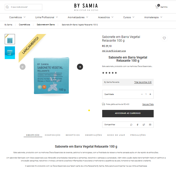 Página de produto com descrição detalhada no site da By Samia.
