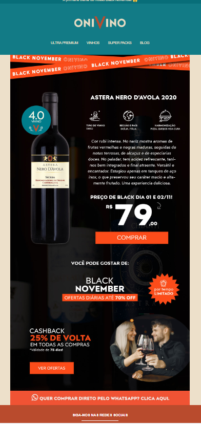 Exemplo de e-mail marketing para Black Friday com promoções diárias ao longo do mês de novembro da OniVino realizado no sistema edrone.