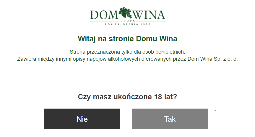 pop-up z przykładem potwierdzenia wieku na stronie dom wina