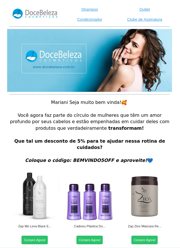 E-mail de boas-vindas da Doce Beleza com cupom de desconto e recomendações de produtos