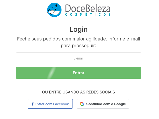 Print da tela de login da Doce Beleza Cosméticos, com opções de entrada através de e-mail, Facebook e conta Google. 