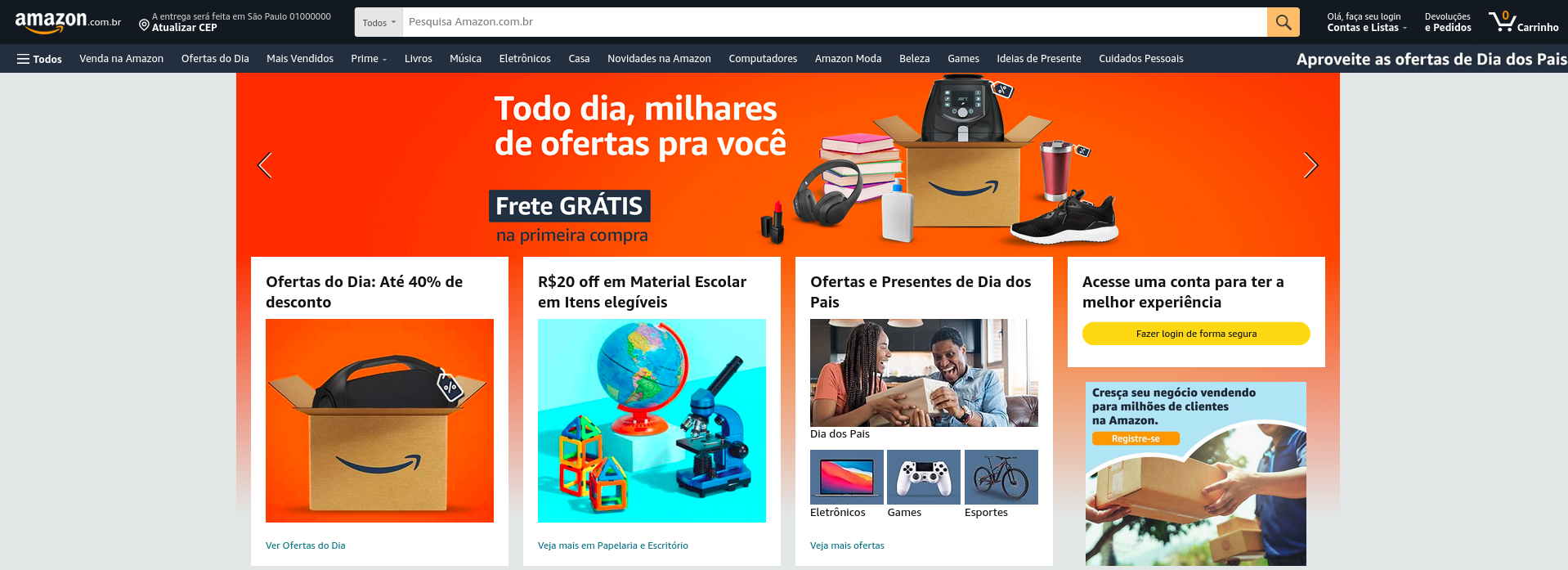 Design para e-commerce: site da Amazon - principais categorias listadas no topo da página e promoções especiais em destaque