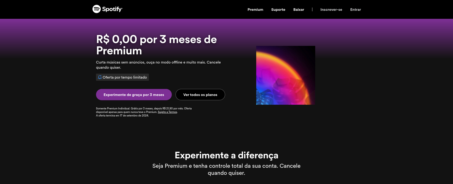 Página de vendas - Spotify: oferta de assinatura premium com os três primeiros meses gratuitos.