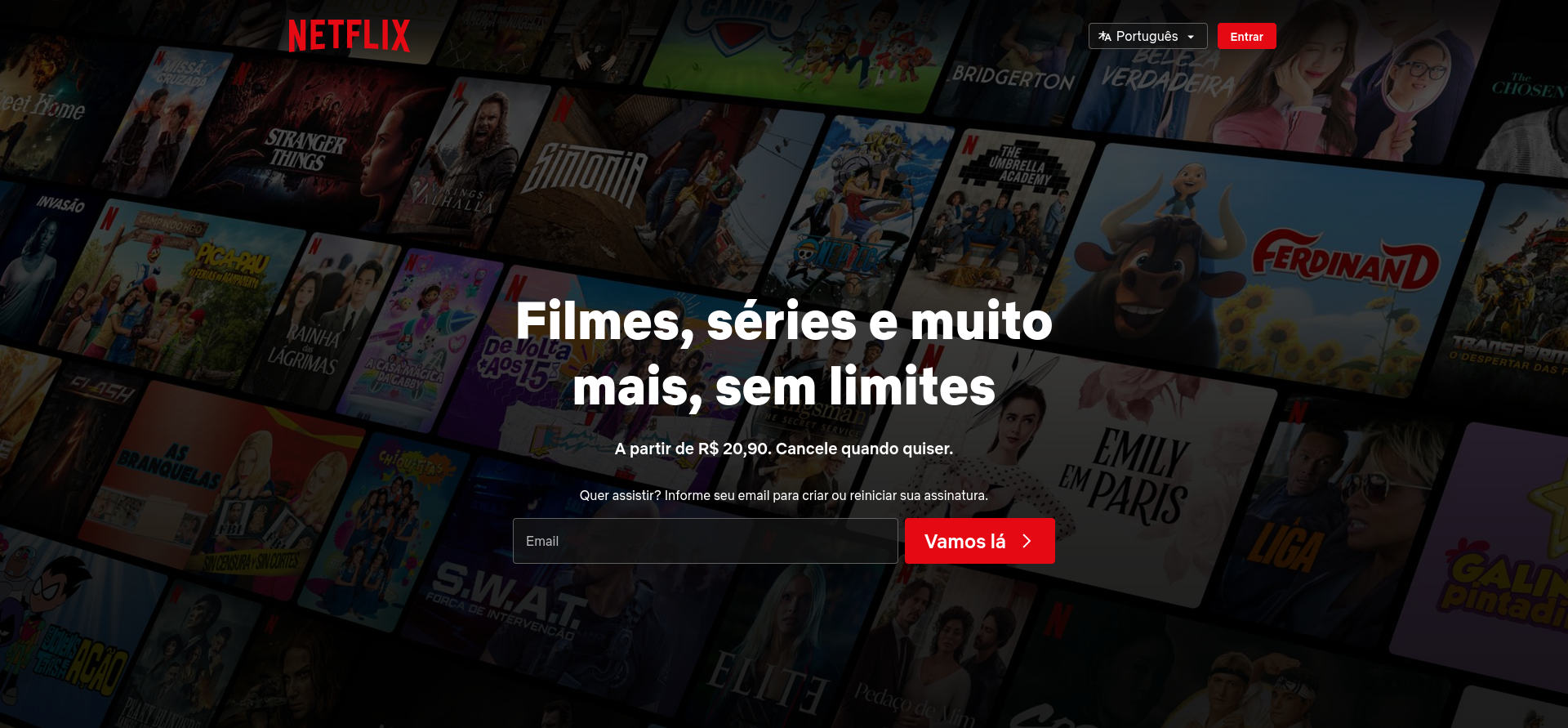 Página de vendas - Netflix: benefícios claros, cancelamento sem burocracia e formulário simples. 