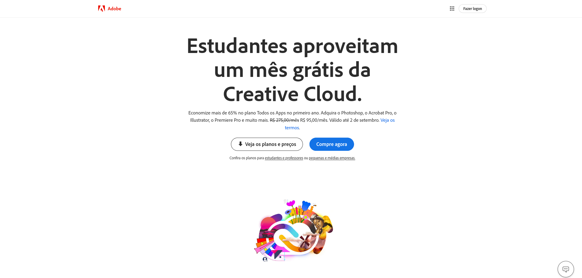 Página de vendas - Adobe: desconto expressivo, elemento de urgência e CTA claro.