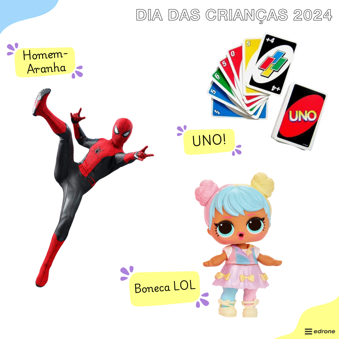 Dia das crianças 2024: Homem-Aranha, UNO! e boneca LOL / reprodução.