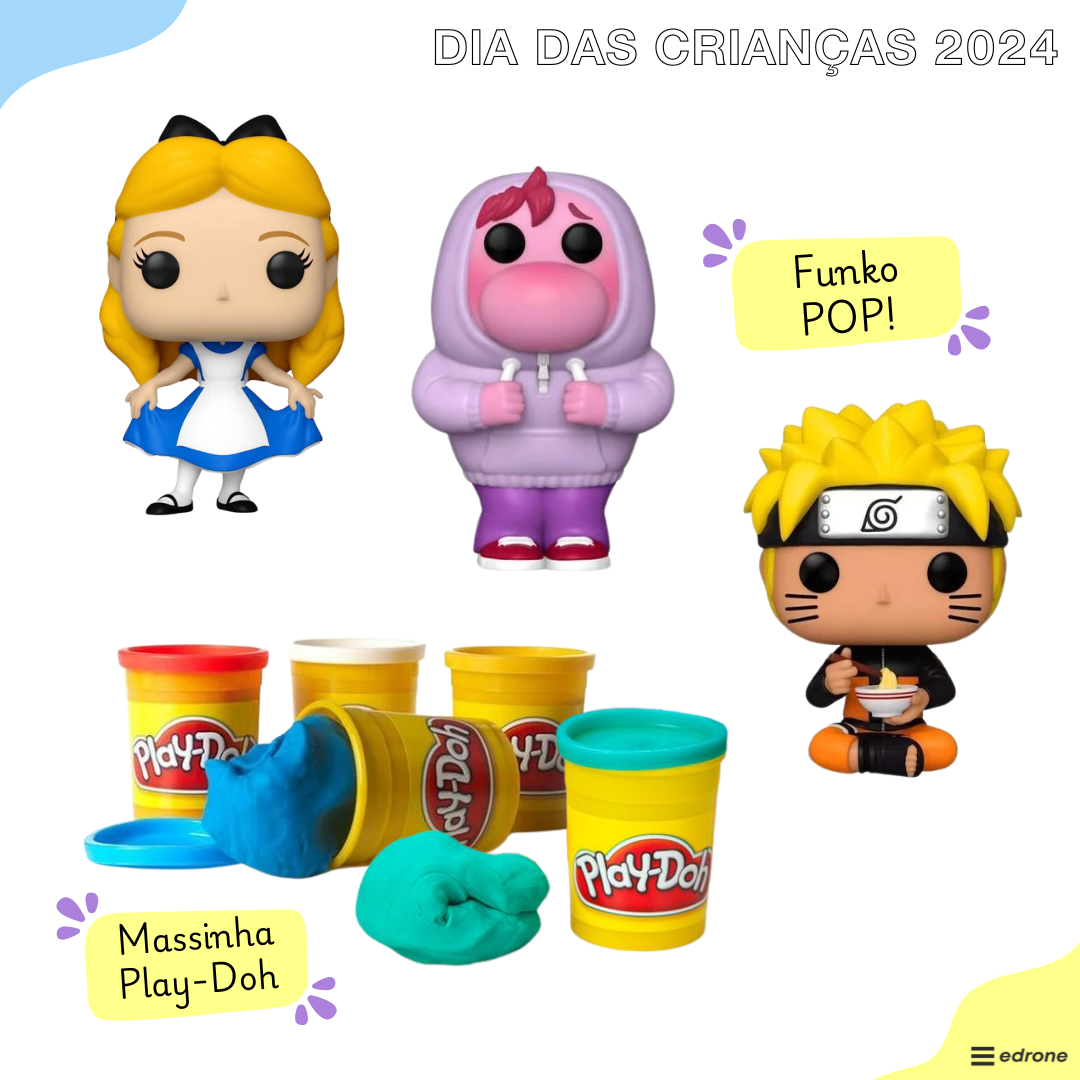 Dia das crianças 2024: bonecos Funko POP e massa de modelar Play-Doh / reprodução.