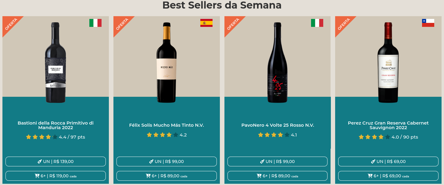 Widget de prova social: produtos mais vendidos da semana no site da Onivino