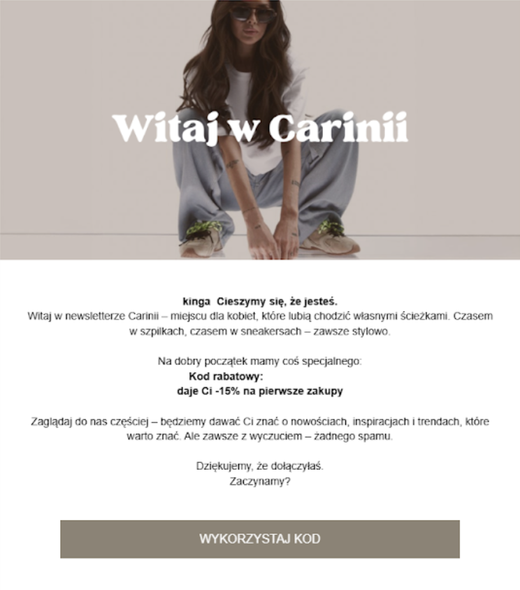 carinii wiadomość po zapisie na newsletter