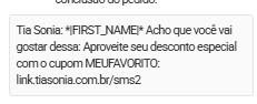 mensagem de SMS para recuperação de Carrinho Abandonado