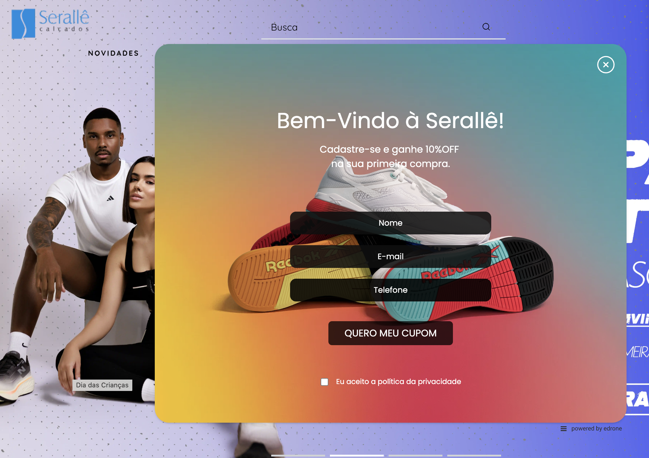 pop-up de inscrição de newsletter com email e telefone da Serallê