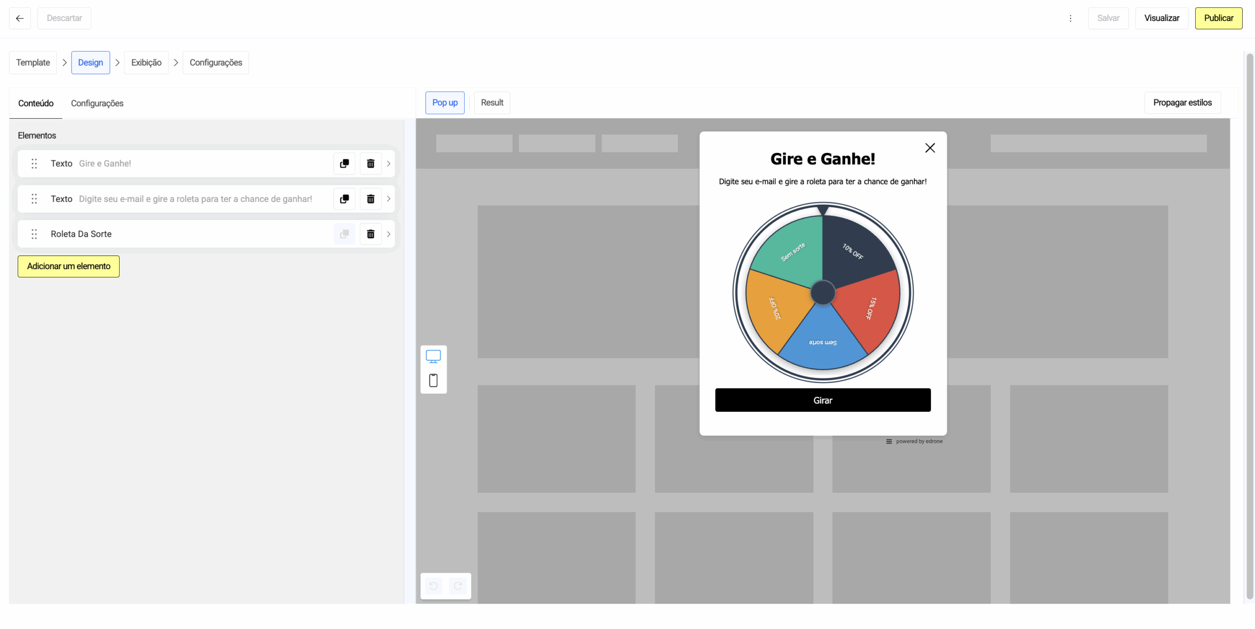 Pop-up Roleta da Sorte no sistema da edrone