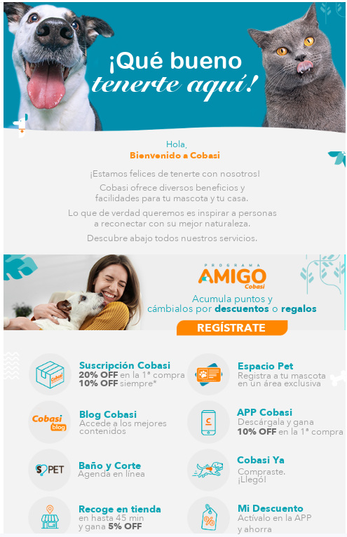 Ejemplo de mensaje de bienvenida con beneficios de Cobasi.