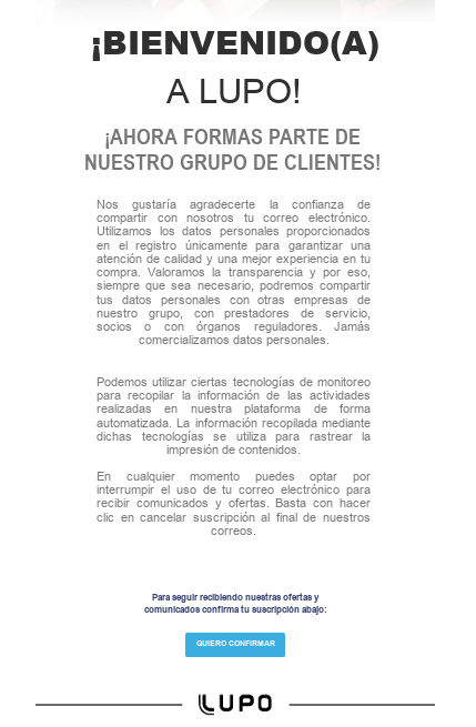 Ejemplo de mensaje de bienvenida para clientes por E-mail - Lupo