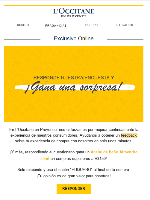 Ejemplo de mensaje de bienvenida pidiendo Feedback de Cliente de L'Occitane