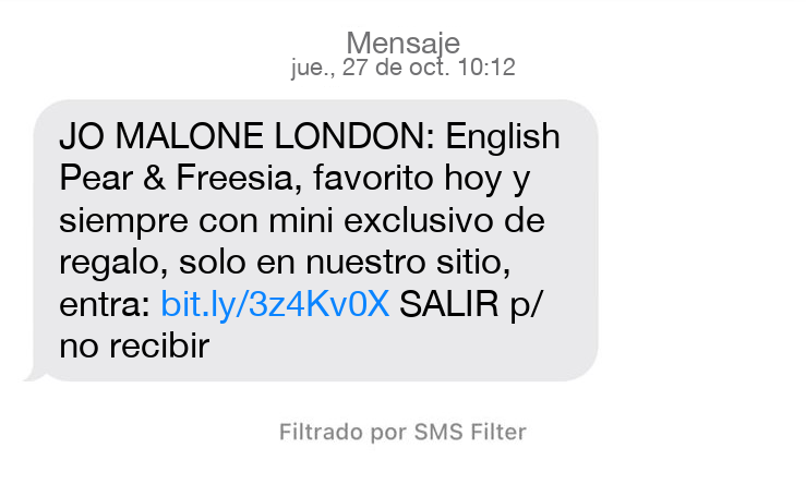 Ejemplo de mensaje de bienvenida para clientes por SMS - Jo Malone London
