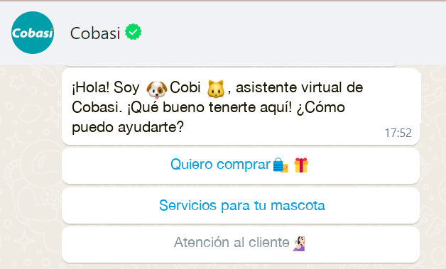 Ejemplo de mensaje de bienvenida para clientes en WhatsApp - Cobasi